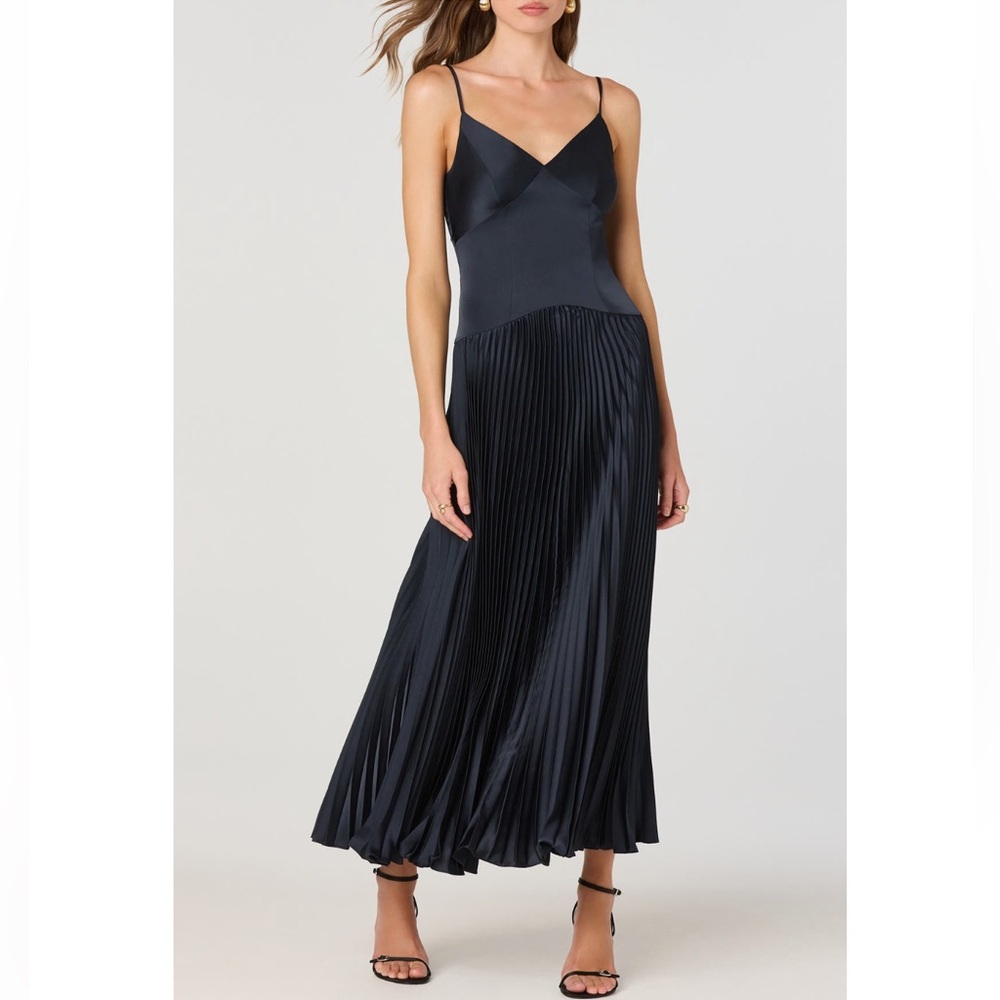 ASTR Navy Satin Pleated Slip Dress